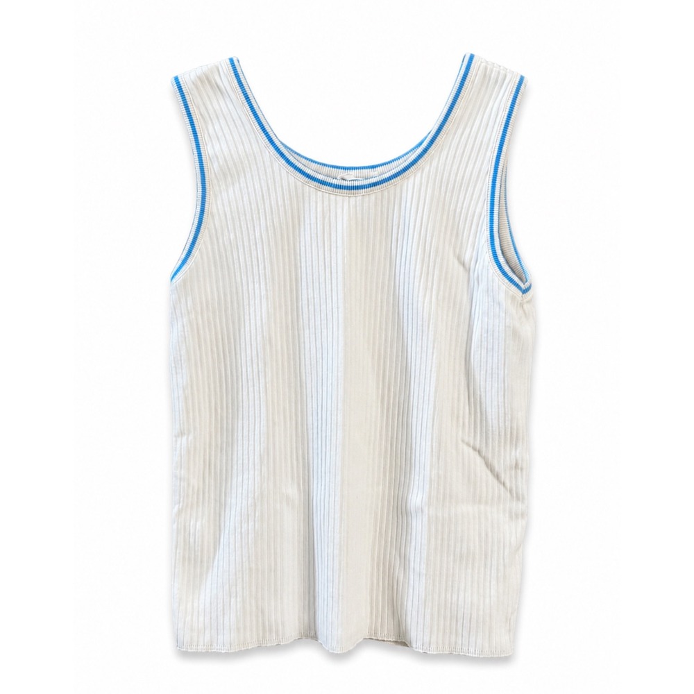Vintage Sears Sport Ribbed Tank Top White‎ Blue Trim Sleeveless Knit Shirt USA